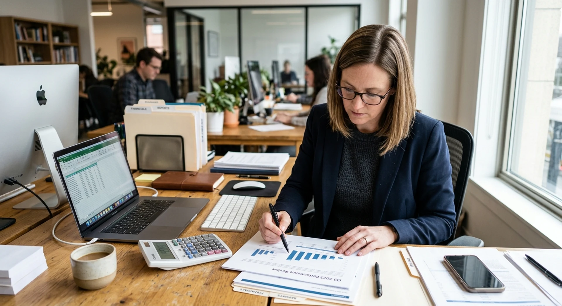 Como fazer controle financeiro empresarial eficiente Fotografia editorial ultra-realista de empresário analisando relatórios financeiros e gráficos em escritório moderno, com laptop, calculadora e documentos organizados, capturada em luz natural com foco nítido e detalhes profissionais autênticos.