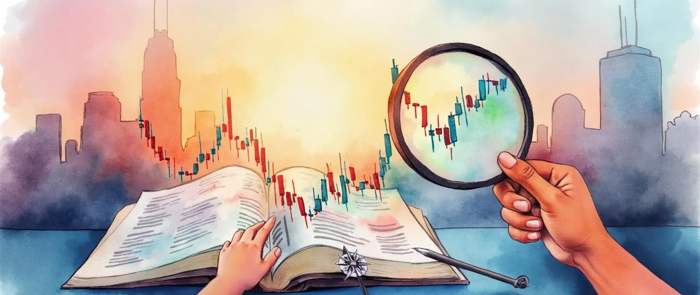 Uma pintura digital em aquarela de uma pessoa segurando uma lupa examinando gráficos e tabelas coloridos de mercado. Uma bússola e um livro aberto próximos simbolizam orientação e conhecimento. No fundo, silhuetas sutis de prédios de escritórios sob um céu com sol e nuvens representam as condições do mercado. Composição simples com cores vibrantes, porém suaves.
