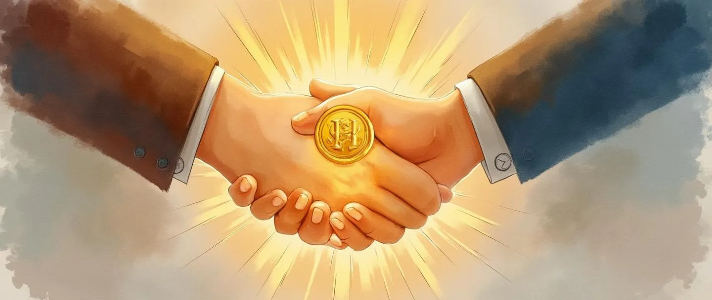 Uma pintura digital em aquarela de duas mãos trocando um contrato brilhante com um selo dourado. Um aperto de mãos se forma acima do contrato, emanando raios de luz que criam um escudo protetor ao redor de ambos os elementos. Composição simples com cores quentes sugerindo confiança, compromisso e segurança.