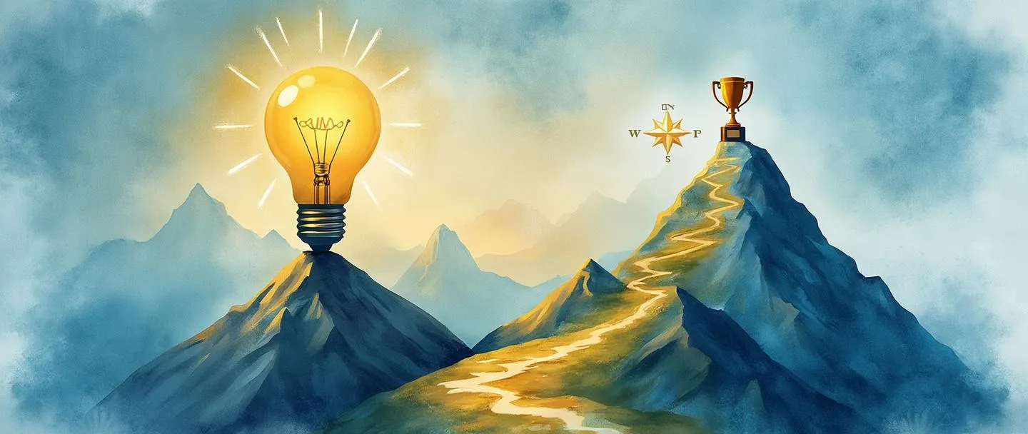 Uma pintura digital em aquarela de uma lâmpada iluminando um caminho estratégico em um mapa, com uma bússola e um alvo ao fundo. O caminho leva a um troféu no pico de uma montanha. Composição simples com vibrantes tons de azul e dourado, transmitindo visão estratégica e conquista.