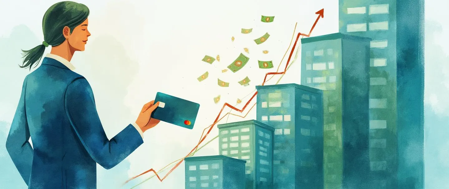 Uma pintura digital em aquarela de uma pessoa de negócios segurando um cartão de crédito conectado por linhas fluidas a um edifício de escritórios. Símbolos de dinheiro flutuam entre eles, com um pequeno gráfico em tendência ascendente no fundo. Composição simples com tons de azul e verde transmitindo crescimento financeiro e oportunidade de negócios.