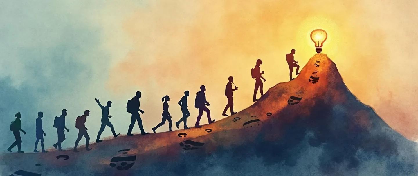 Uma pintura digital em aquarela de uma bússola guiando um grupo diversificado de silhuetas escalando uma montanha juntas. No topo, uma lâmpada brilhante irradia propósito. O caminho mostra pegadas formando uma ponte entre visão e realização. Composição simples com cores quentes e inspiradoras.