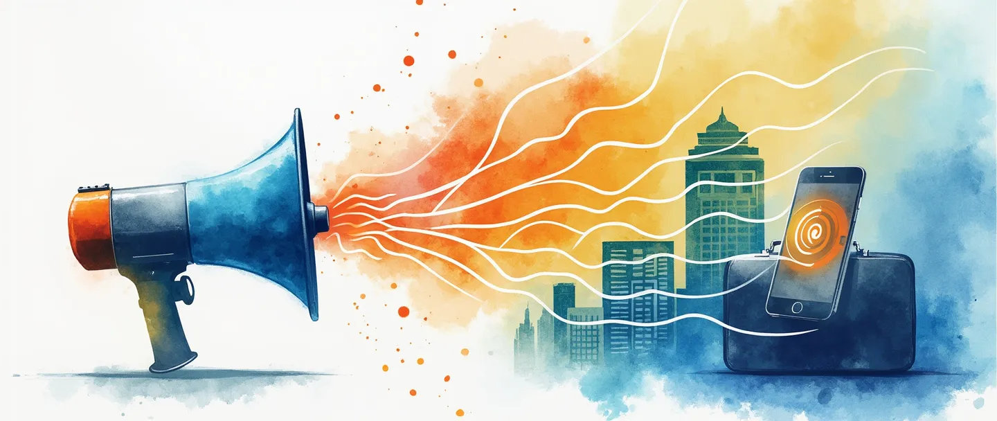 Uma pintura digital em aquarela de um megafone emitindo ondas coloridas que se conectam a uma maleta, um smartphone e um edifício. As ondas formam uma ponte entre esses elementos, com um pequeno alvo no centro. Composição simples com vibrantes tons de azul e laranja, tema de comunicação corporativa.
