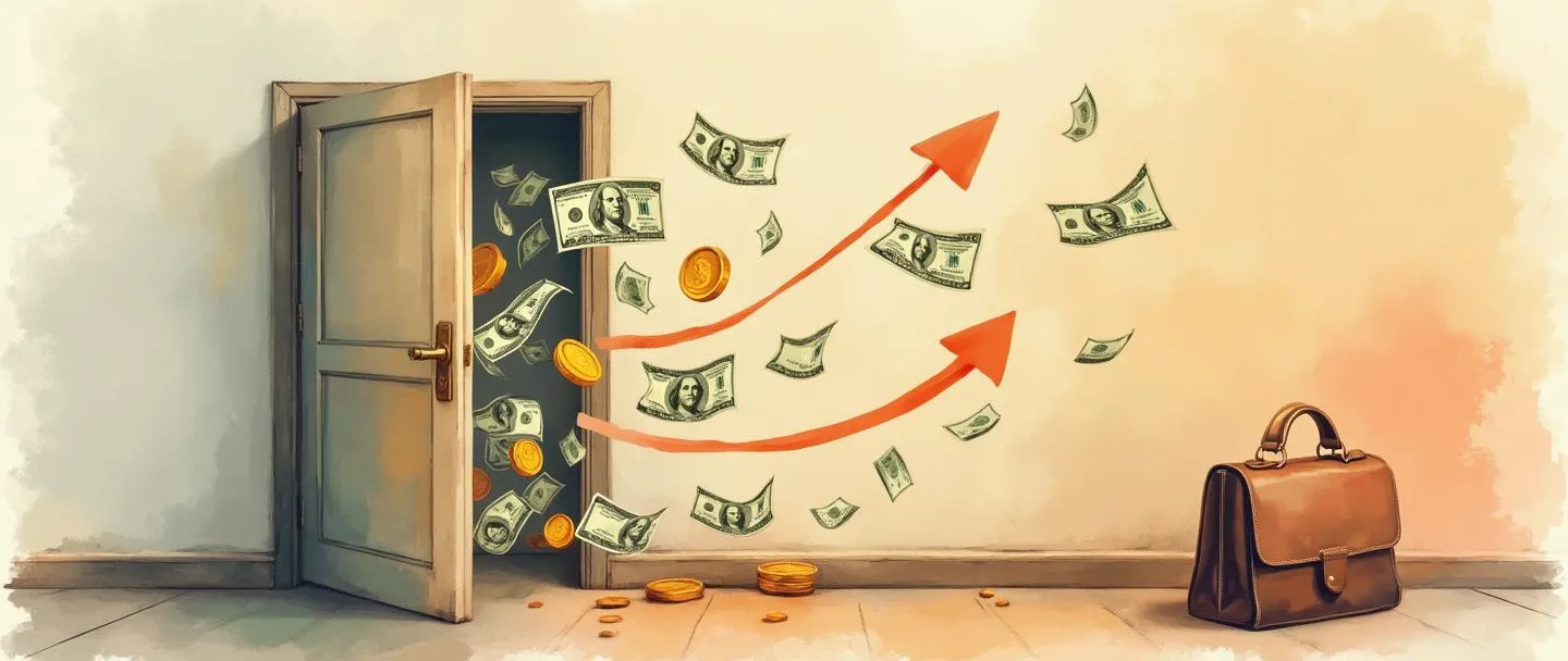 Uma pintura digital em aquarela de dinheiro e moedas fluindo através de uma porta ou portal aberto, com setas indicando entrada. Uma pasta ou maleta simples está próxima, sugerindo recursos financeiros sendo introduzidos em um negócio ou projeto. Cores quentes, composição limpa, detalhes mínimos.