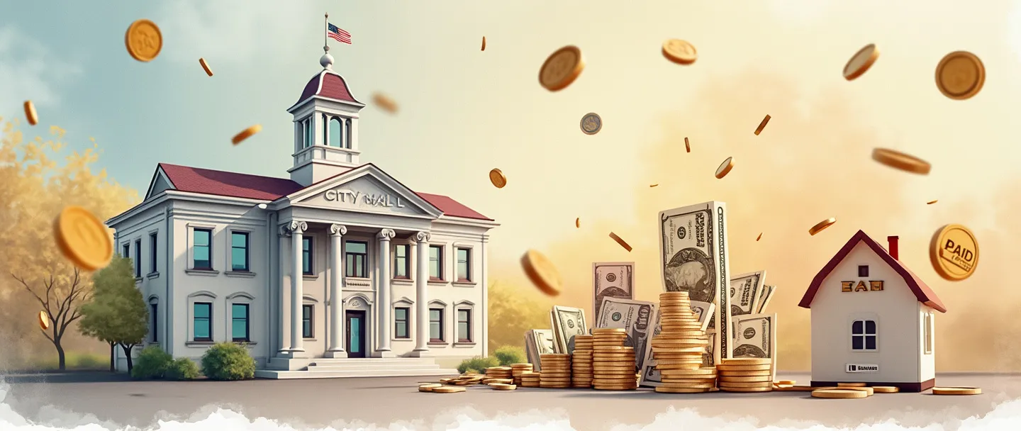 Uma pintura digital em aquarela de um prédio da prefeitura com moedas e notas de dinheiro flutuando ao seu redor. Um formulário de imposto simplificado com um selo municipal está em primeiro plano, enquanto uma pequena casa com um carimbo de "pago" aparece nas proximidades. Cores quentes, composição limpa, tema de finanças municipais.