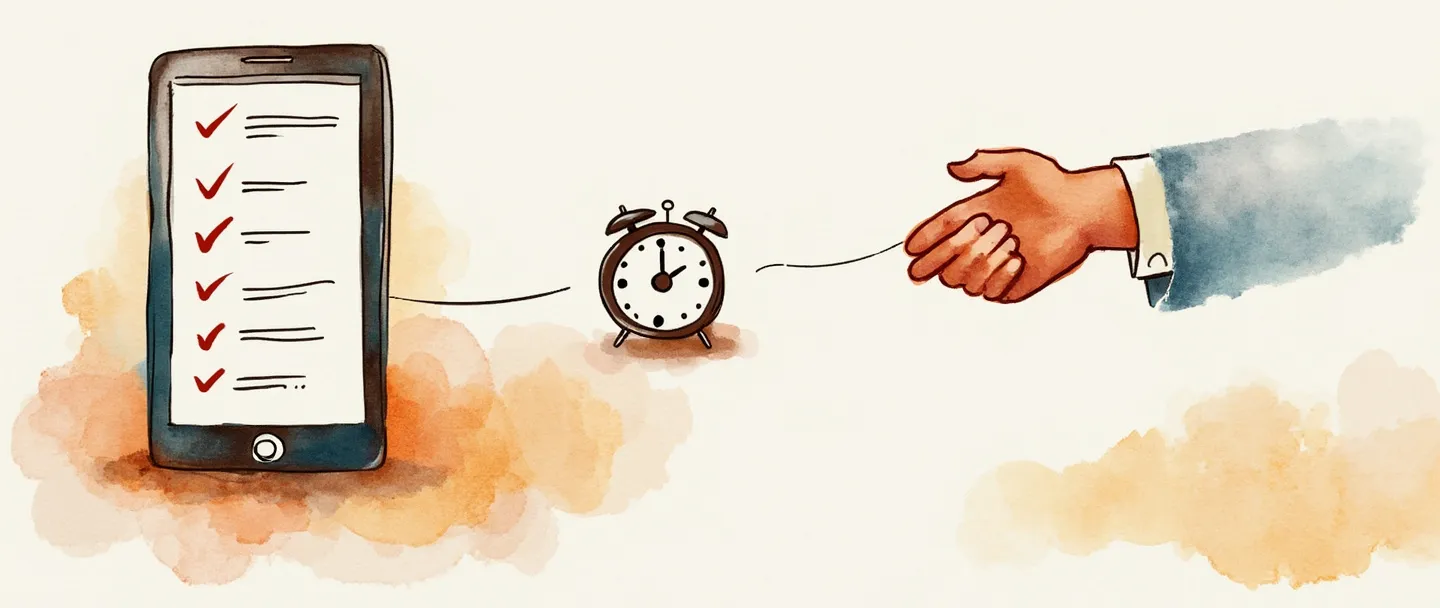 Uma pintura digital em aquarela de um smartphone exibindo um calendário com marcas de verificação, conectado por uma linha pontilhada a um aperto de mãos. Um pequeno relógio paira próximo, sugerindo a passagem do tempo. Composição simples com cores quentes e convidativas que transmitem o cultivo de relacionamentos com clientes.