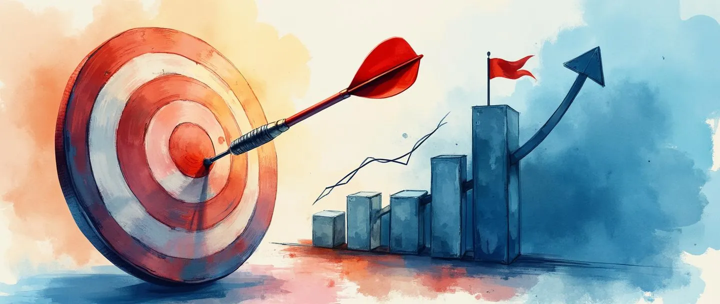 Uma pintura digital em aquarela de um dardo acertando o centro de um alvo, com um gráfico de mercado simplificado subindo ao fundo. Uma pequena bandeira fincada no ponto mais alto do gráfico. Composição limpa com azuis e vermelhos vibrantes, transmitindo sucesso na penetração de mercado.