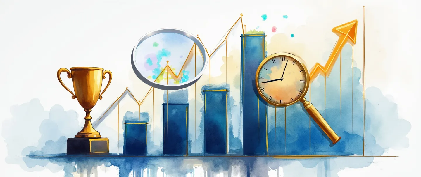 Uma pintura digital em aquarela de um elegante gráfico de barras ascendente com uma lupa pairando sobre ele, revelando insights coloridos dentro dos dados. Um pequeno troféu está ao lado do gráfico, enquanto um relógio simples mostra o progresso ao longo do tempo. Composição limpa, paleta profissional em azul e dourado, analítica mas inspiradora.