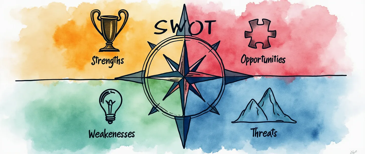 Uma pintura digital em aquarela de um diagrama de quadrantes com as letras "SWOT" exibidas de forma proeminente. Cada seção contém ícones simples: um troféu (Forças), uma peça de quebra-cabeça (Fraquezas), uma lâmpada (Oportunidades) e uma montanha (Ameaças). Uma rosa dos ventos no centro conecta todos os quadrantes. Cores limpas e vibrantes com um estilo profissional, mas acessível.