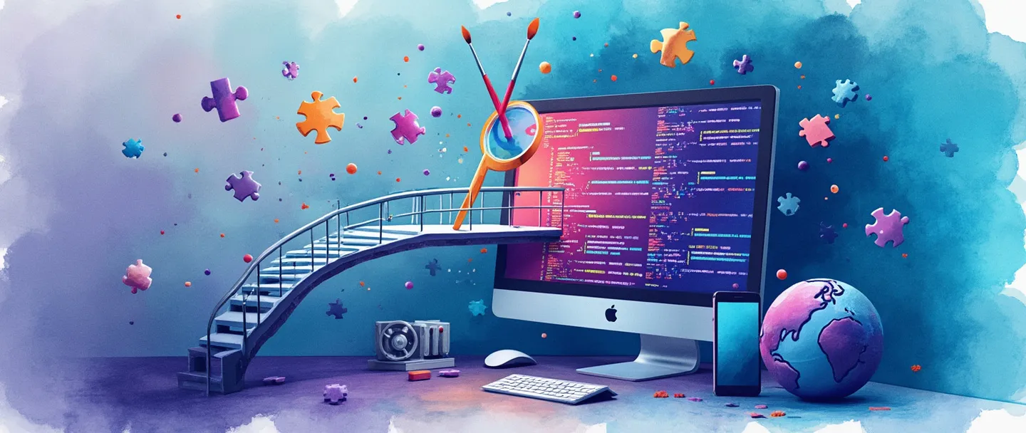 Uma pintura digital em aquarela de um monitor de computador exibindo código colorido, com ferramentas como pincel, engrenagens e peças de quebra-cabeça flutuando ao redor. Uma ponte conecta o computador a um smartphone e um globo, simbolizando a conectividade web. Composição simples com vibrantes tons de azul e roxo, transmitindo desenvolvimento digital.