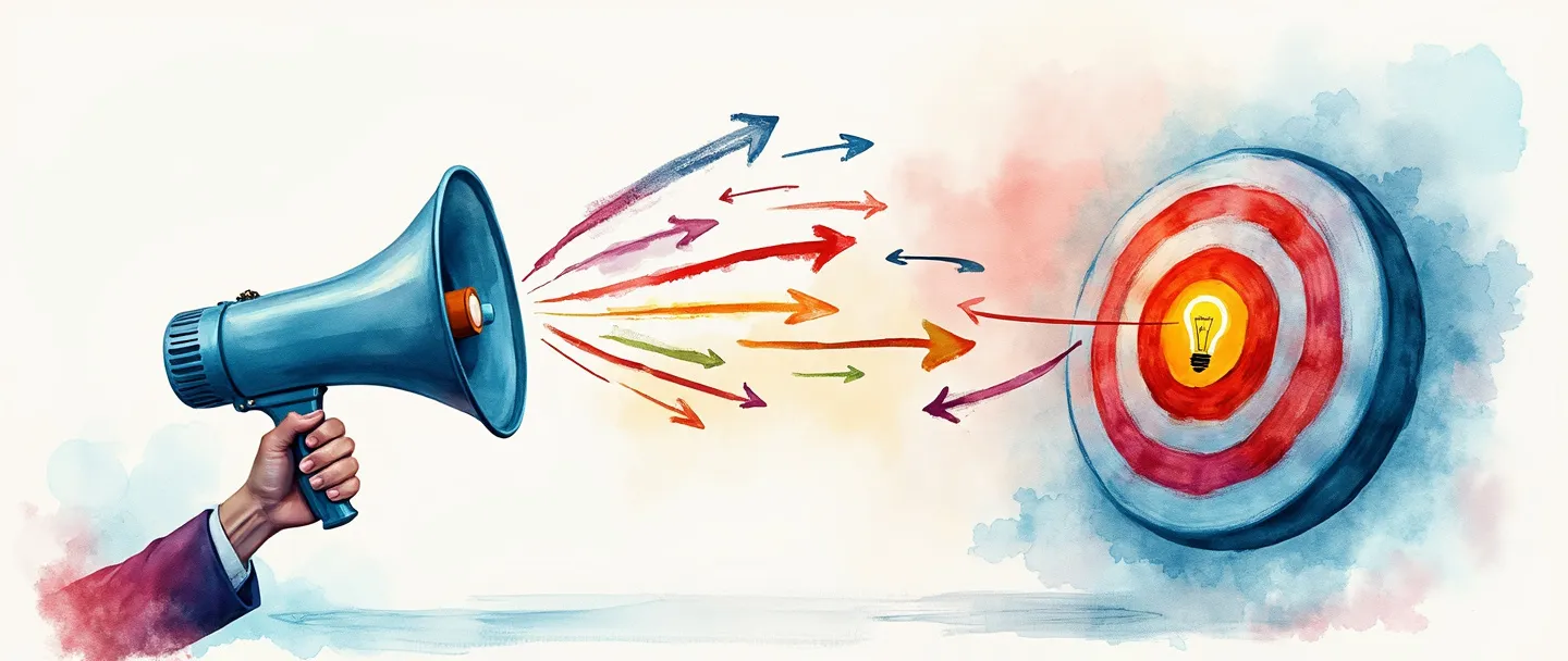 Uma pintura digital em aquarela de um megafone emitindo ondas coloridas que se conectam a um alvo com uma lâmpada em seu centro. Setas estratégicas fluem do megafone para o alvo, criando uma ponte de compreensão. Composição simples com azuis e vermelhos vibrantes contra um fundo branco suave.