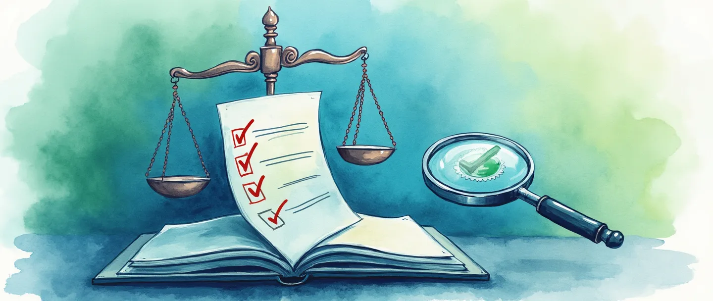 Uma pintura digital em aquarela de um livro aberto com uma lista de verificação emergindo de suas páginas, transformando-se em um escudo com a balança da justiça equilibrada no topo. Uma lupa paira por perto, revelando um certificado com um selo verde de aprovação. Composição simples, tons profissionais de azul e verde, tema de conformidade e regulamentação.