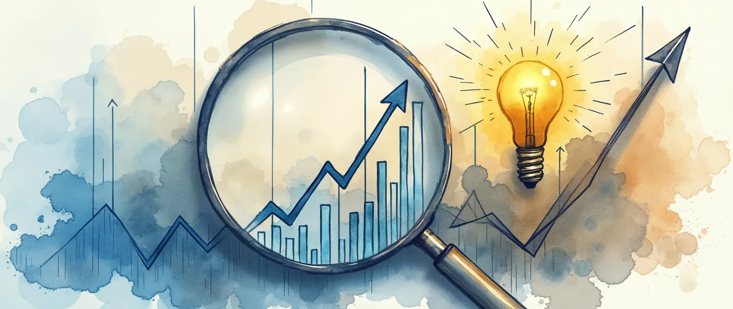 Uma pintura digital em aquarela de um gráfico estilizado com linhas de tendência ascendente, cercado por uma lupa examinando o diagrama. Uma bússola aponta para oportunidades futuras enquanto uma lâmpada brilha acima, representando insights. Composição simples com tons de azul e dourado, transmitindo análise de mercado e visão estratégica.