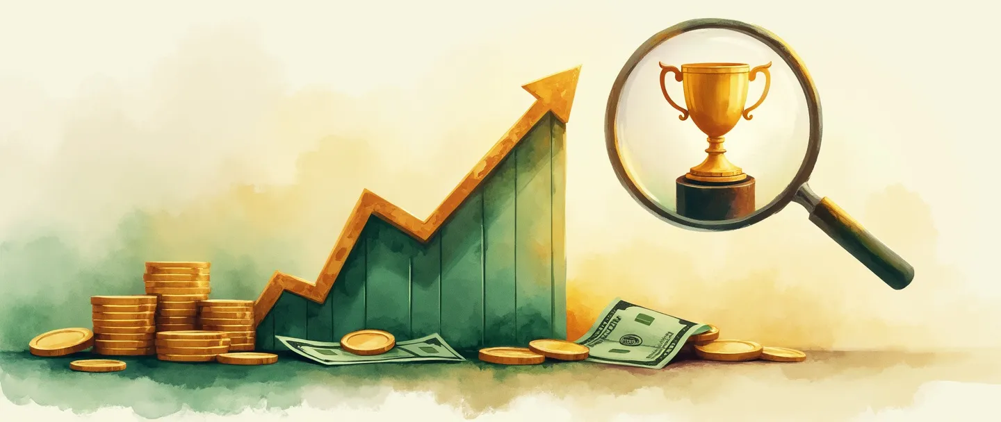 Uma pintura digital em aquarela de um gráfico com tendência ascendente, com moedas e notas de dólar fluindo para cima ao lado dele. Uma lupa paira sobre o ponto mais alto do gráfico, revelando um pequeno troféu dentro. Composição simples com tons dourados e verdes quentes contra um fundo claro.