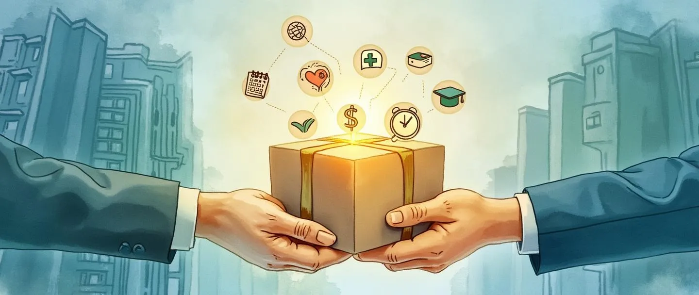 Uma pintura digital em aquarela de mãos trocando um pacote brilhante, com um edifício corporativo ao fundo. Dentro do pacote, pequenos ícones de uma cruz médica, livro educacional e símbolos de dinheiro flutuam. Um calendário e um aperto de mãos aparecem próximos, sugerindo tempo e acordo. Tons suaves de azul e verde predominam, transmitindo confiança e bem-estar. Composição simples com simbolismo claro de benefícios sociais corporativos.