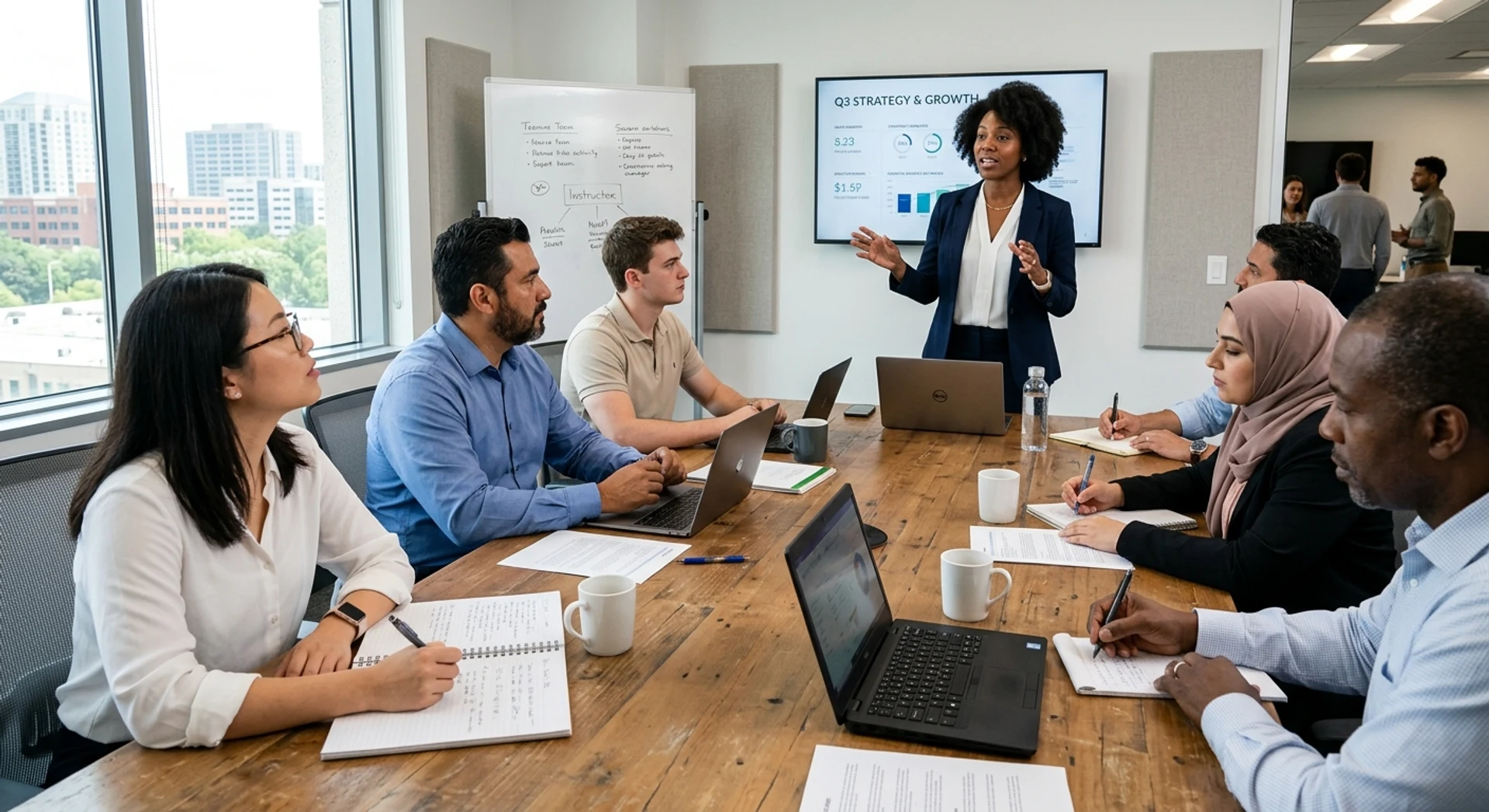 Treinamento de equipe: veja 5 dicas para aplicar com sucesso Fotografia editorial ultra-realista de equipe profissional diversa em sessão de treinamento corporativo, com instrutor apresentando para funcionários engajados ao redor de mesa de conferência em escritório moderno, capturando momento autêntico com luz natural e detalhes nítidos.