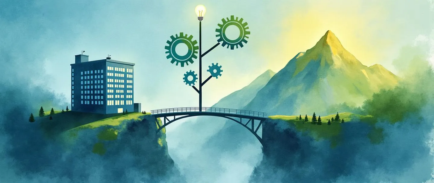Uma pintura digital em aquarela de um fluxograma se transformando em uma ponte, conectando um prédio de escritórios a um pico de montanha. Engrenagens flutuam acima, enquanto uma lâmpada ilumina o caminho. Composição simples com azuis e verdes vibrantes, transmitindo implementação de processos e crescimento organizacional.