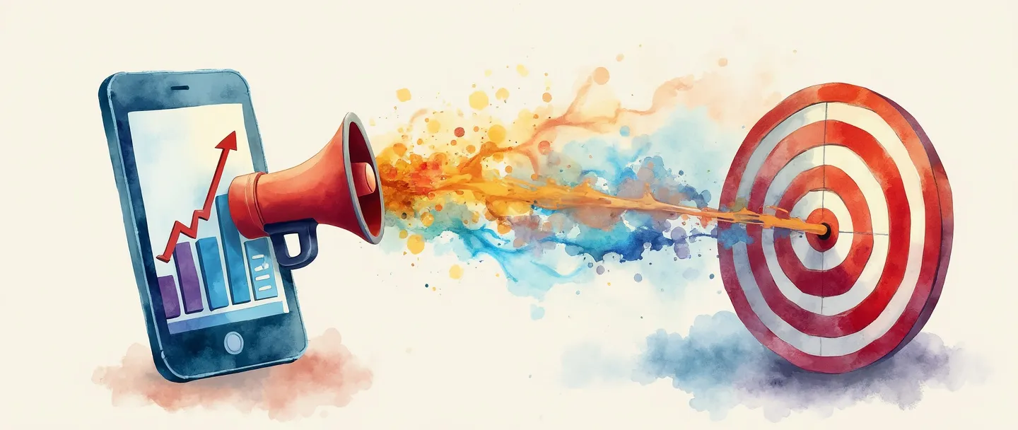 Uma pintura digital em aquarela de um smartphone exibindo um gráfico de barras crescente com métricas de engajamento. Um megafone se conecta ao telefone, emitindo ondas coloridas que alcançam um alvo com uma marca central. Composição simples com vibrantes tons de azul e laranja, transmitindo indicadores de desempenho de engajamento de marketing.