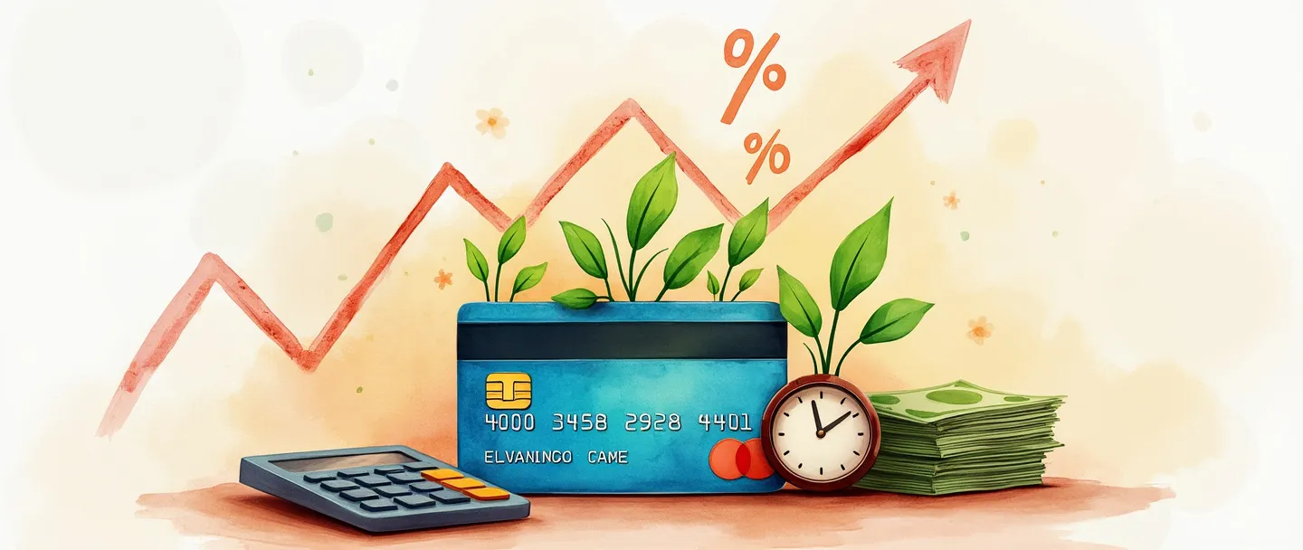 Uma pintura digital em aquarela de um cartão de crédito com dinheiro crescendo dele como plantas, com um pequeno relógio e calculadora próximos. Uma linha de gráfico simplificada curva-se para cima através da cena, com símbolos de porcentagem flutuando acima. Cores quentes, composição limpa, conceito financeiro.