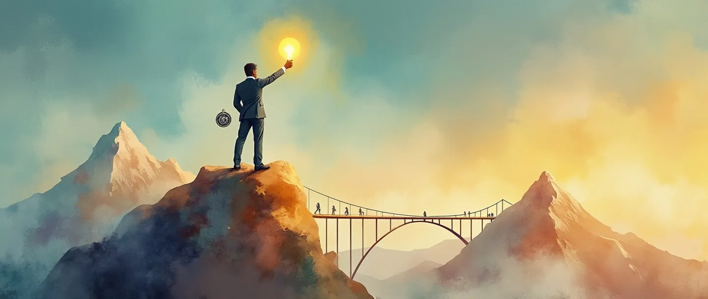 Uma pintura digital em aquarela de uma pessoa em traje de negócios em pé confiante no topo de uma montanha, segurando uma bússola em uma mão enquanto estende a outra mão para ajudar outros a subirem. Uma lâmpada brilha acima de sua cabeça, e uma ponte conecta a outro pico à distância. Composição simples com cores quentes e inspiradoras.