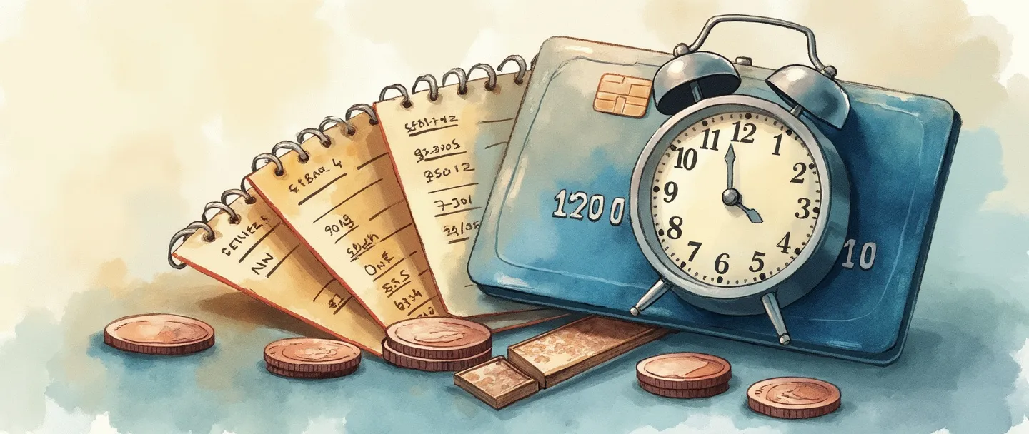 Uma pintura digital em aquarela de um cartão de crédito com páginas de calendário se abrindo em leque a partir dele, cada uma mostrando números crescentes. Um pequeno relógio e moedas estão espalhados ao redor, com uma moeda sendo dividida em pedaços menores. Composição simples com cores quentes, representando juros de parcelamento de dívidas.