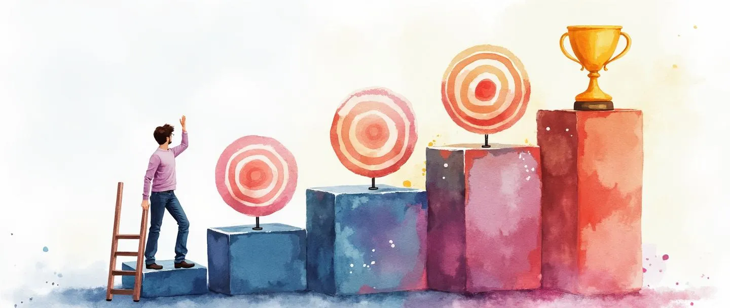 Uma pintura digital em aquarela de uma pessoa subindo uma escada de alvos cada vez maiores, com cada degrau representando uma meta mais alta. No topo há um troféu dourado. Uma pequena escada está apoiada contra o primeiro degrau, simbolizando o início do processo de escalonamento de metas. Composição simples com cores vibrantes.