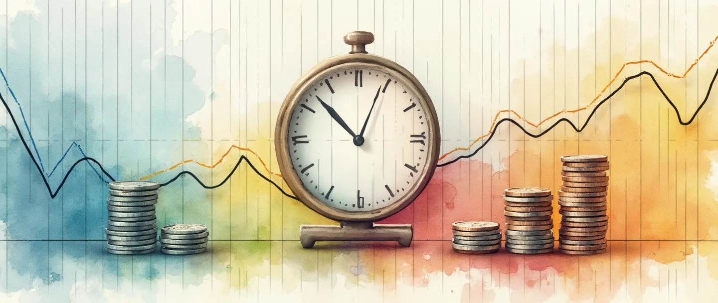 Uma pintura digital em aquarela de um calendário com quatro estações distintas mostradas em quadrantes, conectadas a uma linha de gráfico fluida que sobe e desce ciclicamente. Um mostrador de relógio sobrepõe o centro, com moedas empilhadas mais alto durante certas estações. Composição simples, cores vibrantes sazonais, conceito de negócios.