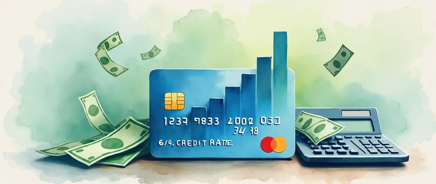 Uma pintura digital em aquarela de um cartão de crédito com um pequeno gráfico de barras subindo acima dele. Símbolos de dinheiro flutuam entre o cartão e o gráfico, com uma calculadora próxima. Composição simples, tons suaves de azul e verde, representando a taxa média de transação por cliente.