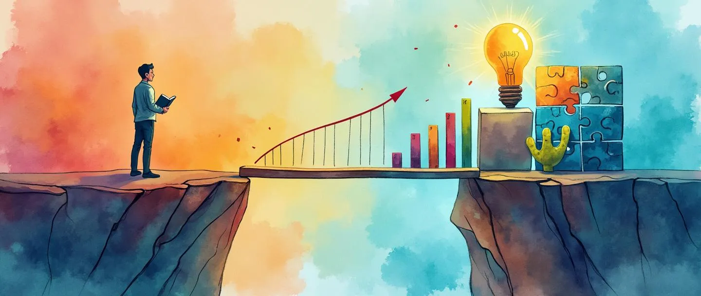 Uma pintura digital em aquarela de uma ponte que atravessa um abismo de conhecimento entre dois penhascos. De um lado, uma pessoa segura um livro e parece confusa; do outro lado, uma lâmpada brilha intensamente sobre um quebra-cabeça organizado. Uma bússola indica o caminho a seguir, com um gráfico de barras simples em tendência ascendente ao fundo. Cores vibrantes, porém simples, atmosfera profissional.