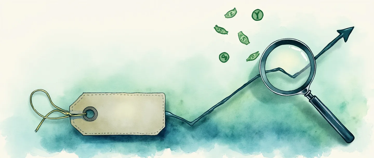 Uma pintura digital em aquarela de uma etiqueta de preço com setas apontando para cima e para baixo, transformando-se em um gráfico de linha simples. Uma lupa paira sobre a inclinação variável do gráfico, destacando a taxa de mudança. Símbolos de dinheiro flutuam nas proximidades. Composição simples, tons suaves de azul e verde, conceito financeiro limpo.
