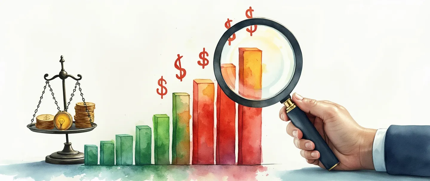 Uma pintura digital em aquarela de uma pessoa de negócios analisando um gráfico de barras ascendente com uma lupa. Símbolos de cifrão flutuam acima das seções lucrativas destacadas em verde, enquanto áreas menos lucrativas aparecem em vermelho. Uma pequena balança está próxima com moedas de um lado e uma lâmpada do outro, simbolizando o equilíbrio entre decisões financeiras e insights. Composição simples com linhas limpas e uma paleta de cores profissional.
