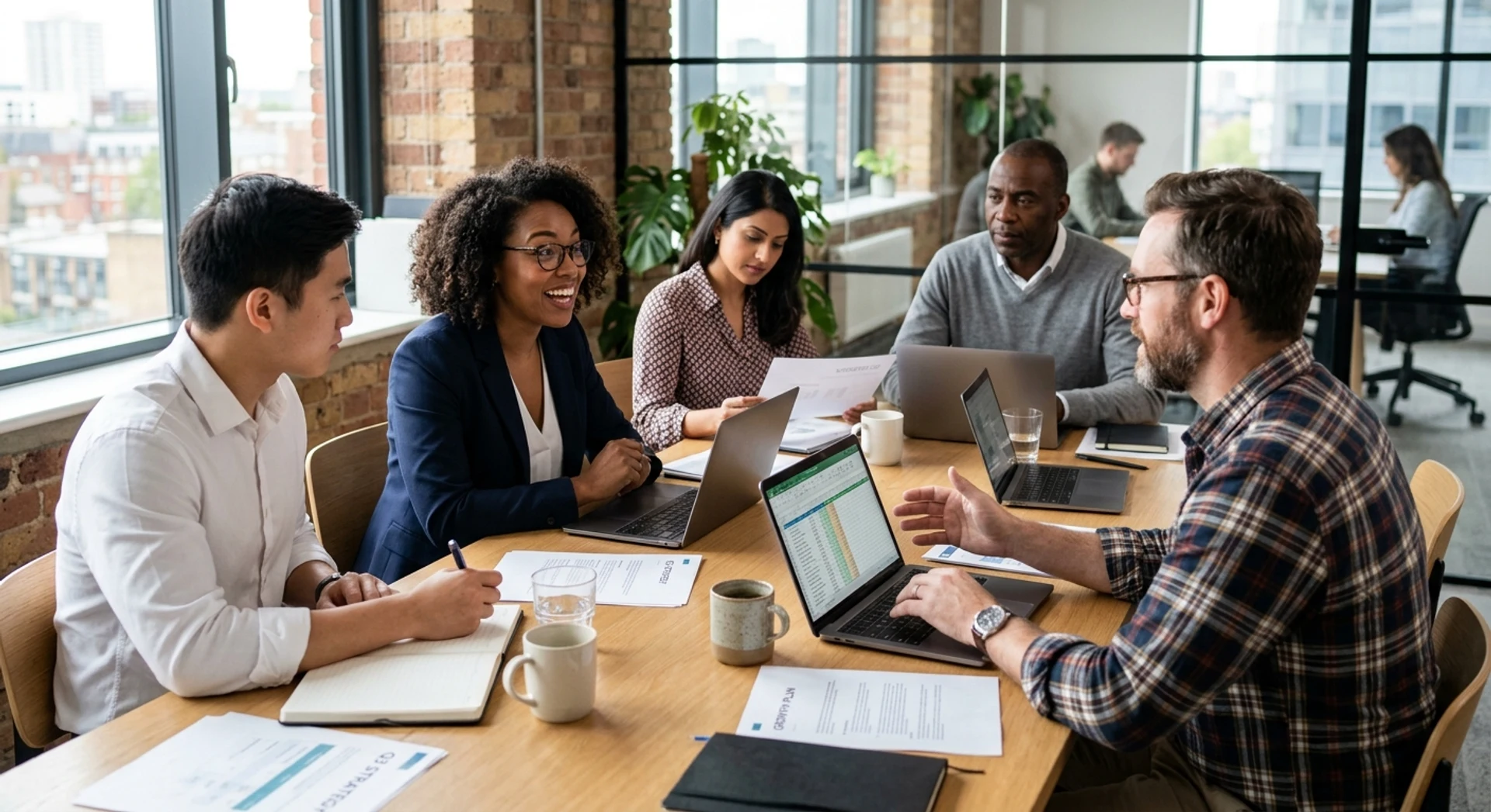 Fotografia editorial ultra-realista de grupo diverso de empreendedores profissionais colaborando em reunião estratégica ao redor de mesa moderna de escritório, capturada com Canon EOS R5, luz natural, foco nítido e detalhes autênticos.