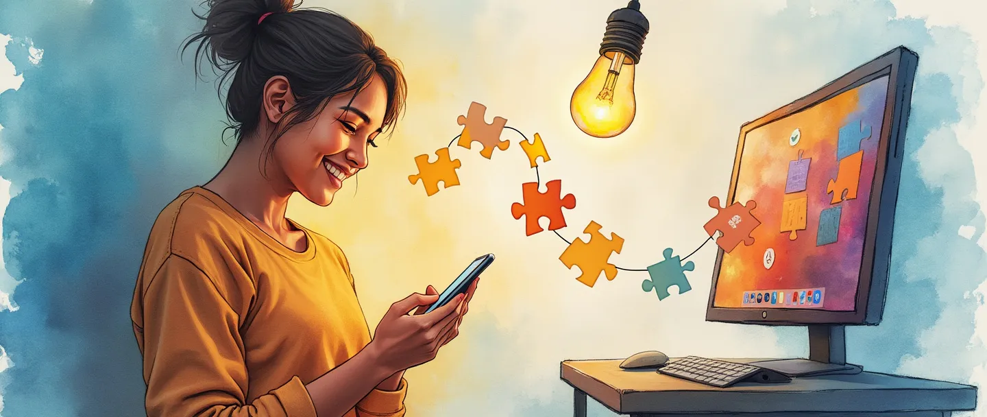 Uma pintura digital em aquarela de uma pessoa sorrindo enquanto usa um smartphone, com peças de quebra-cabeça se conectando perfeitamente ao redor da tela. Uma lâmpada brilha suavemente acima, enquanto uma pequena ponte conecta o usuário a um computador exibindo uma interface colorida e simples. Cores quentes e convidativas com um estilo limpo e minimalista.