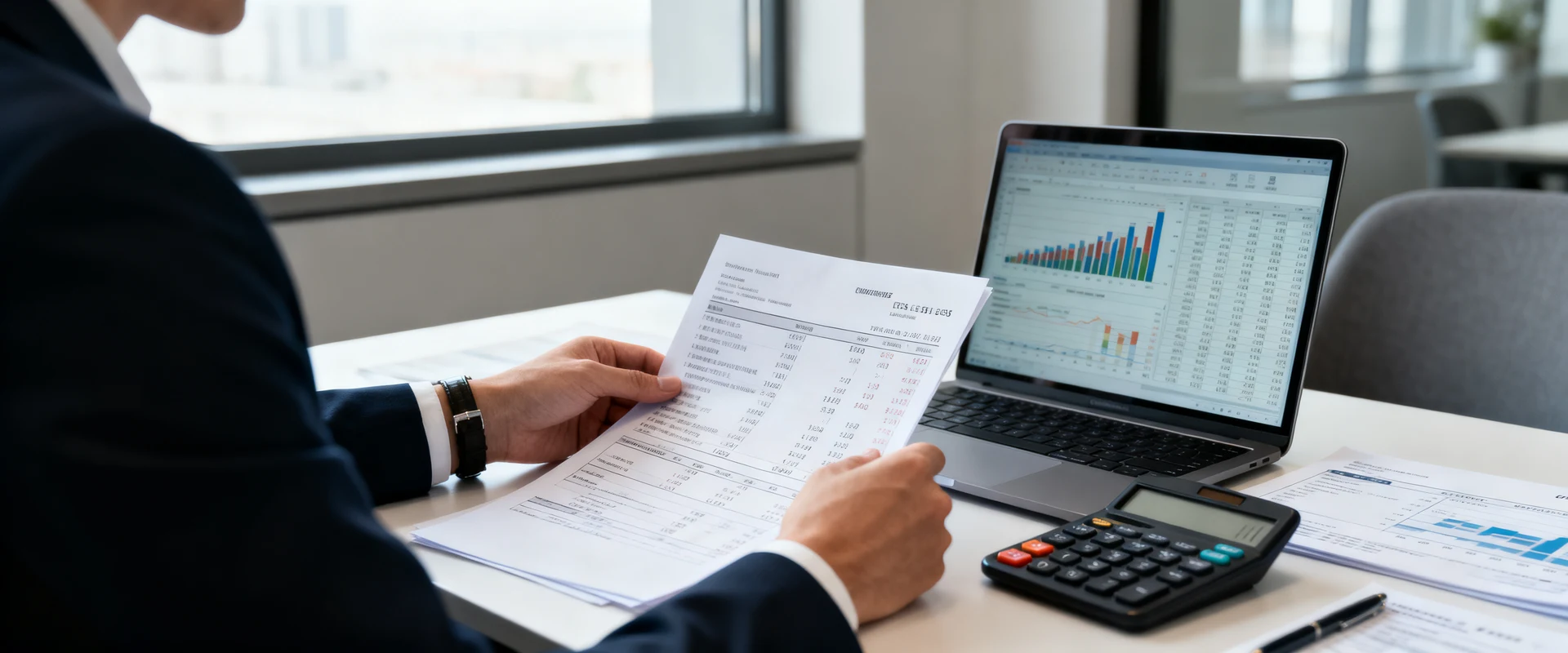 Contador profissional trabalhando com documentos financeiros, calculadora e laptop em escritório moderno. Fotografia editorial ultra-realista capturando momento autêntico de trabalho contábil com planilhas, gráficos e relatórios empresariais.