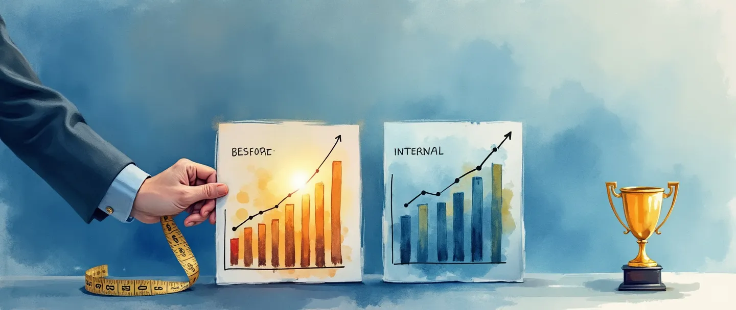 Uma pintura digital em aquarela de uma pessoa de negócios comparando dois gráficos de barras lado a lado, com um gráfico rotulado como "Interno" brilhando mais intensamente. Uma fita métrica conecta ambos os gráficos, e um pequeno troféu está posicionado ao lado do gráfico mais brilhante. Composição simples com linhas limpas e tons suaves de azul sugerindo comparação e conquista.