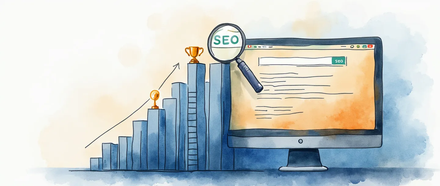 Uma pintura digital em aquarela de uma tela de computador exibindo uma lupa pairando sobre a palavra "SEO" com resultados de busca subindo como uma escada em direção ao topo de uma página de mecanismo de busca. Um pequeno troféu está na posição superior, com um gráfico sutil mostrando progresso ascendente próximo. Composição simples com tons de azul e laranja.
