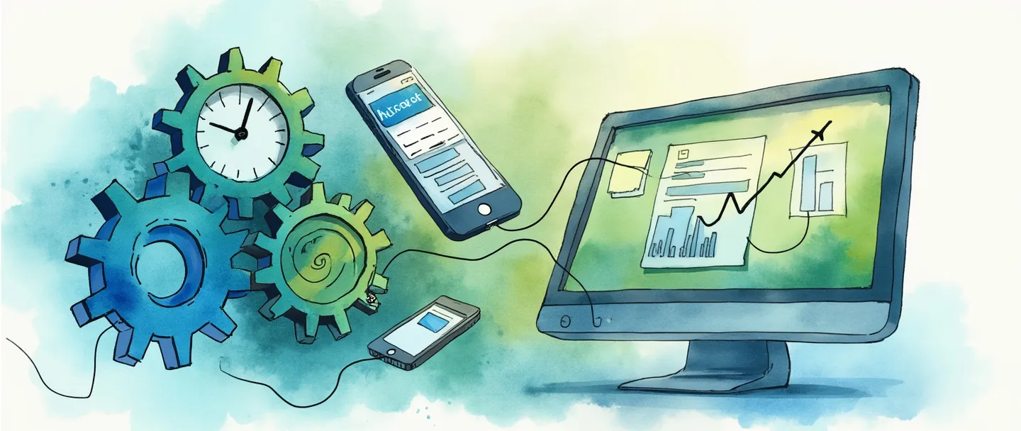 Uma pintura digital em aquarela de engrenagens conectadas a um computador, enviando mensagens automatizadas para smartphones. Um relógio e um calendário flutuam por perto, enquanto um gráfico mostra resultados crescentes. Composição simples com vibrantes tons de azul e verde, transmitindo automação eficiente de marketing.