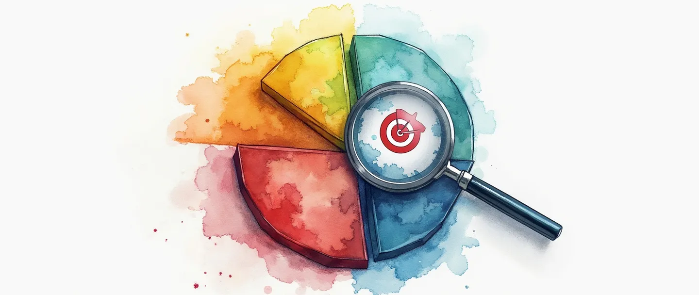 Uma pintura digital em aquarela de um gráfico de pizza dividido em segmentos coloridos, com um segmento destacado e ligeiramente separado como uma peça de quebra-cabeça. Uma lupa paira sobre o segmento destacado, revelando um pequeno símbolo de alvo dentro. Composição simples com linhas limpas e cores vibrantes.