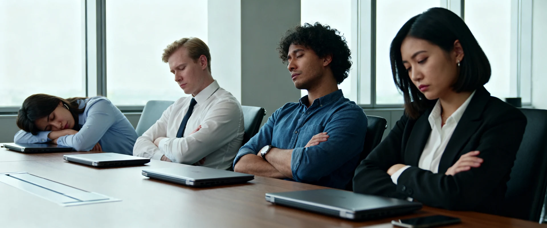 Fotografia editorial ultra-realista de equipe diversa em reunião corporativa mostrando desengajamento e cansaço, com posturas relaxadas, laptops fechados e braços cruzados, capturada em luz natural com foco nítido e detalhes autênticos.