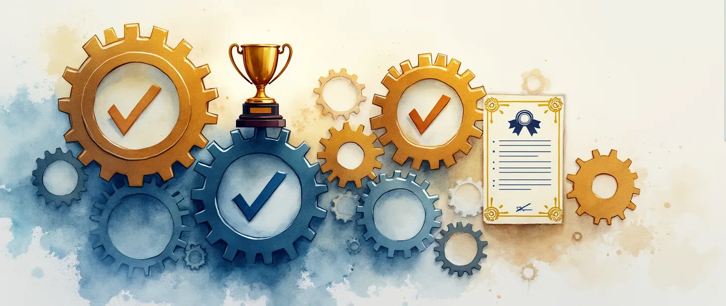 Uma pintura digital em aquarela de engrenagens interconectadas em tons de ouro e azul, com uma engrenagem central apresentando um símbolo de marca de verificação. Um pequeno troféu repousa sobre o mecanismo enquanto um certificado de qualidade com um selo de fita aparece próximo. Composição simples com elementos mínimos, transmitindo excelência sistemática e conquista.