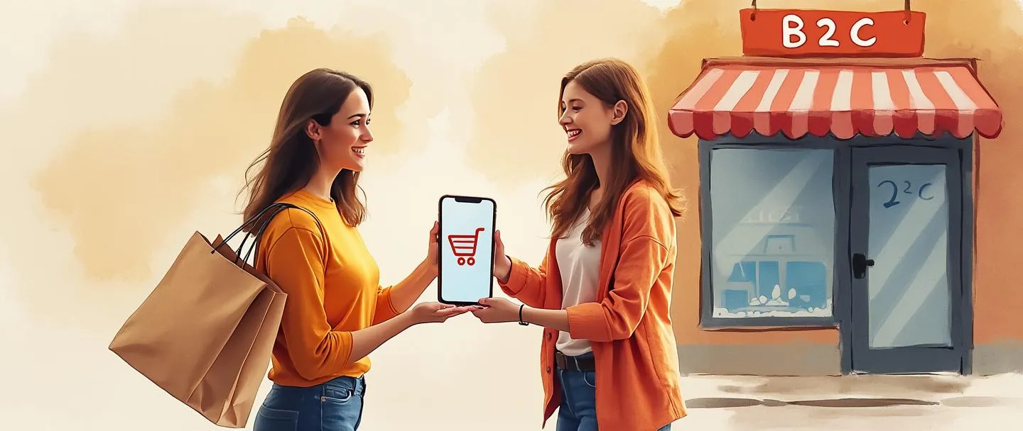 Uma pintura digital em aquarela de uma pessoa sorridente entregando uma sacola de compras para outra pessoa, com um smartphone exibindo um ícone de carrinho de compras entre eles. Uma fachada de loja no fundo com uma placa "B2C" acima da porta. Composição simples com cores quentes e convidativas.
