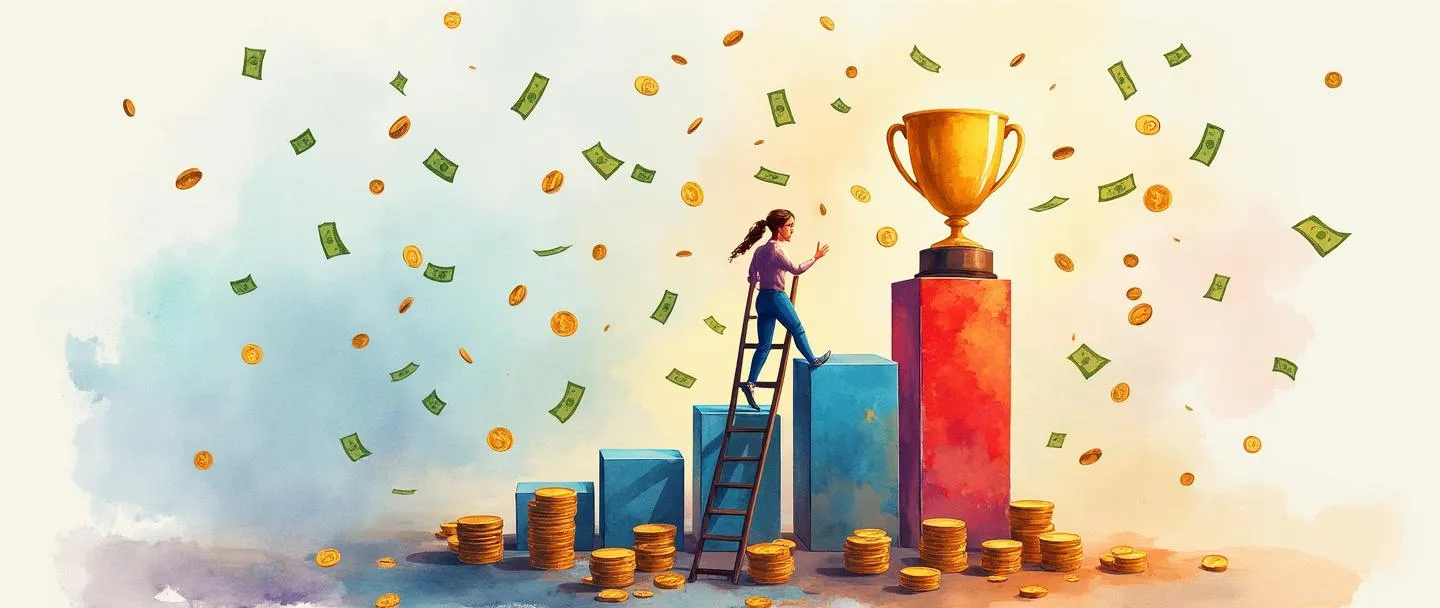 Uma pintura digital em aquarela de uma pessoa subindo uma escada em direção a um troféu que está no topo de um gráfico de barras com barras ascendentes. Dinheiro e moedas caem ao redor dela enquanto ela se estica para alcançar o troféu. Composição simples com cores vibrantes enfatizando conquista e recompensa.
