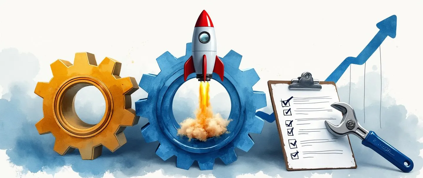 Uma pintura digital em aquarela de manutenção estratégica mostrando duas grandes engrenagens interligadas em azul e dourado, com uma chave inglesa ajustando-as cuidadosamente. Uma prancheta com uma lista de verificação está próxima enquanto um pequeno foguete é lançado para cima a partir das engrenagens. Uma linha de gráfico ascendente simplificada curva-se pelo fundo. Estética limpa, profissional e voltada para o futuro com elementos mínimos.