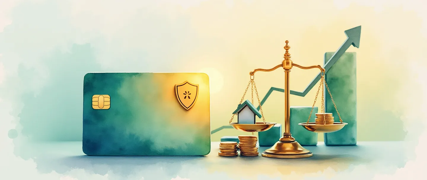Uma pintura digital em aquarela de um cartão de crédito emitindo um suave brilho dourado, com um pequeno símbolo de escudo nele representando proteção. Ao lado, um simples gráfico de barras ascendente em tons de verde. Uma escala em miniatura equilibra moedas de um lado e uma pequena casa do outro. Composição limpa com elementos mínimos em um fundo claro.
