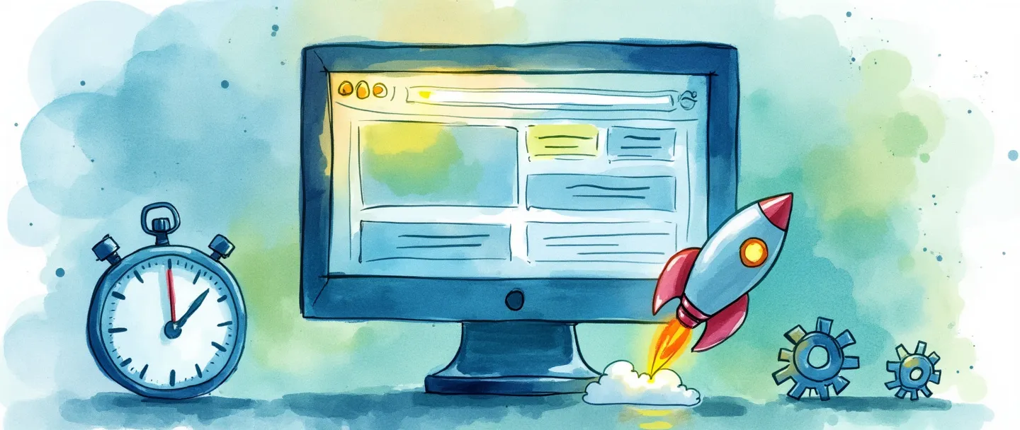 Uma pintura digital em aquarela de uma tela de computador mostrando uma página da web simplificada com elementos sendo otimizados - algumas partes brilhando mais intensamente, outras se tornando mais simplificadas. Um cronômetro e um foguete próximos simbolizam a melhoria de velocidade. Pequenas engrenagens representam o processo técnico. Composição simples com azuis e verdes vibrantes, detalhes mínimos, design limpo.