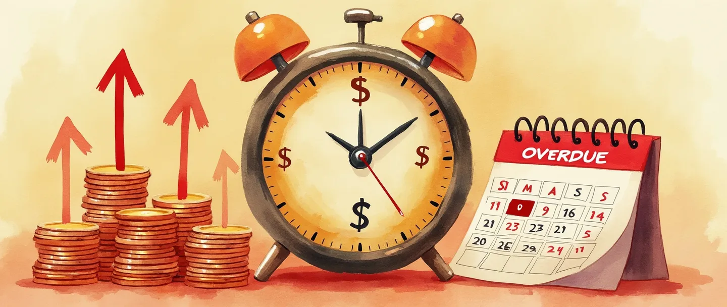 Uma pintura digital em aquarela de um relógio com símbolos de dinheiro em seu mostrador, cercado por pilhas de moedas com pequenas setas vermelhas apontando para cima. Uma página de calendário mostra datas vencidas marcadas em vermelho. Composição simples com tons âmbar e vermelho quentes transmitindo urgência e penalidade financeira.
