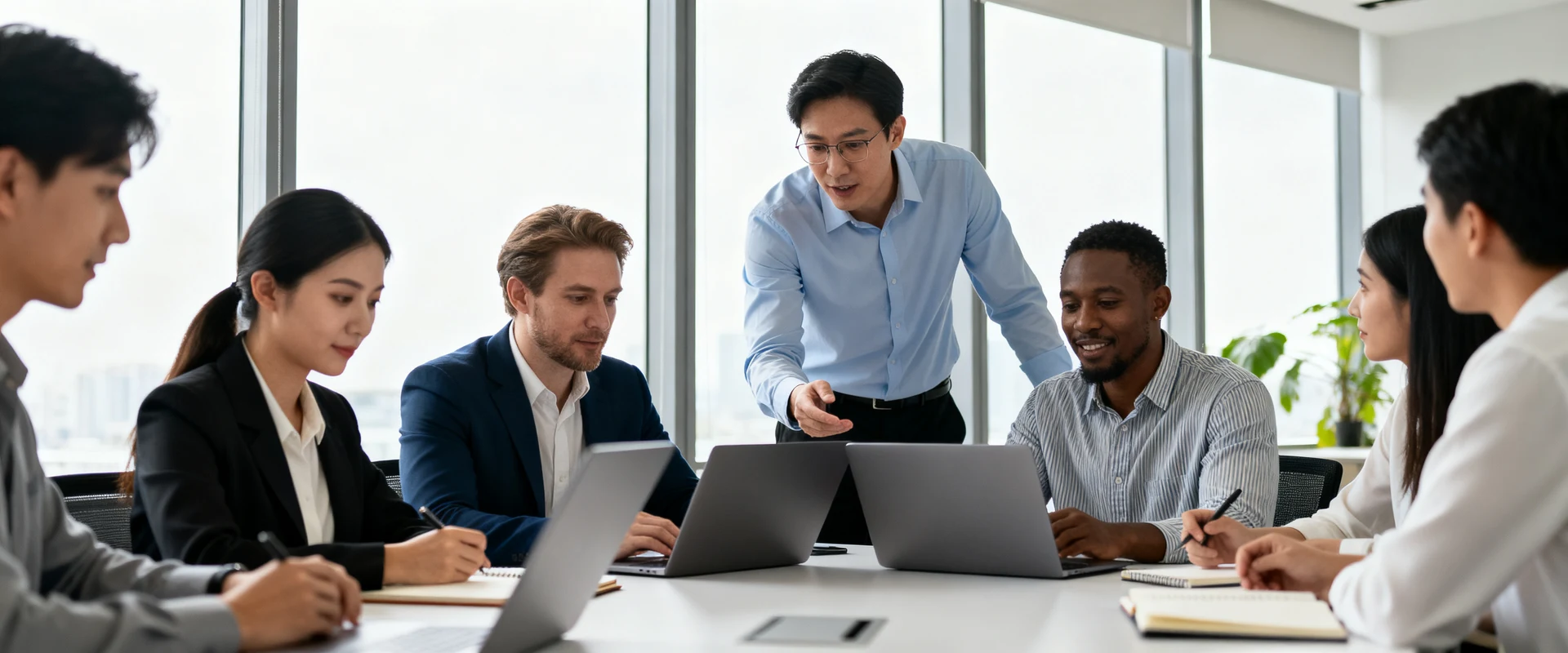 Fotografia editorial ultra-realista de sessão de treinamento corporativo com mentor orientando equipe diversa em escritório moderno, capturada em Canon EOS R5 com luz natural, foco nítido e detalhes autênticos.