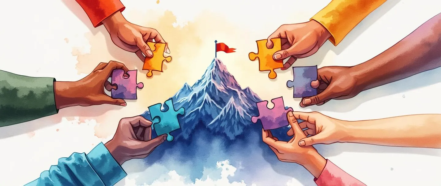 Uma pintura digital em aquarela de mãos diversas se unindo para completar um quebra-cabeça colorido. Cada mão segura uma peça diferente do quebra-cabeça, conectando-se no centro para formar uma imagem completa de um pico de montanha com uma bandeira no topo. Composição simples com cores vibrantes contra um fundo branco suave.