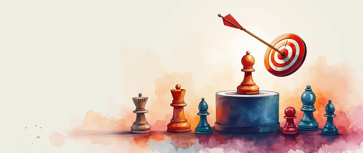 Uma pintura digital em aquarela de uma peça de xadrez destacando-se em um pódio, cercada por outras peças de xadrez abaixo. Um alvo com uma flecha no centro flutua próximo, enquanto uma bússola aponta para a peça elevada. Composição simples com cores vibrantes mostrando posicionamento estratégico e diferenciação de mercado.