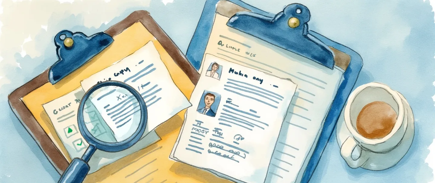 Uma pintura digital em aquarela de uma prancheta com cartões de informações de clientes, alguns organizados de forma ordenada e outros sendo arquivados. Uma lupa paira sobre um dos cartões revelando detalhes pessoais. Composição simples com tons suaves de azul e amarelos quentes, transmitindo organização e gestão de clientes.